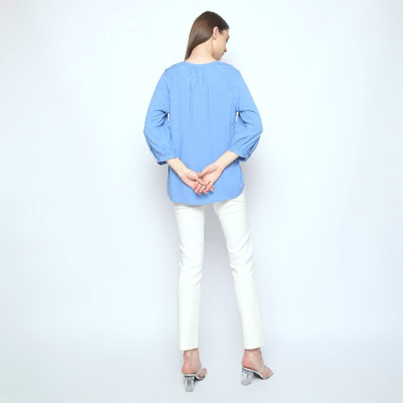 Langit Tekstur - Blouse Lengan Panjang - Atasan Wanita V Neck - Formal Kasual - Katun Biru Polos