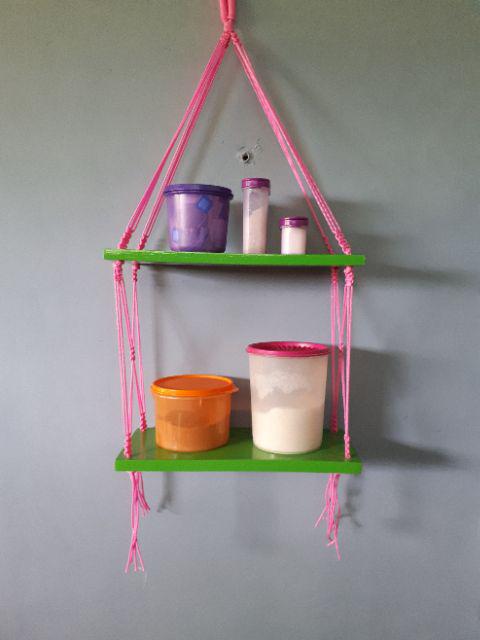 Rak Dinding Gantung Pot Tanaman 2 Susun Putih Tali Hitam Minimalis