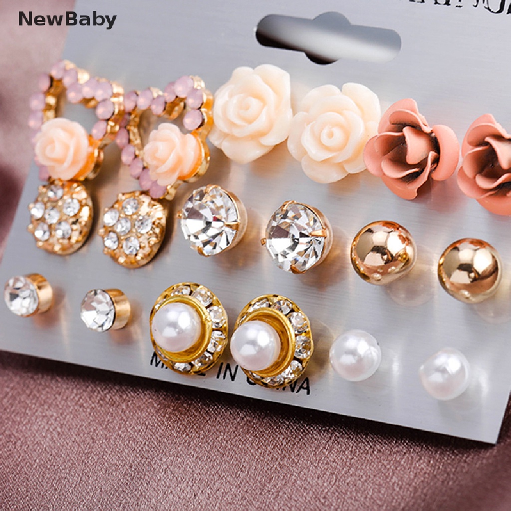 9 Pasang / Set Anting Stud Kristal Mutiara Bentuk Bunga Untuk Wanita