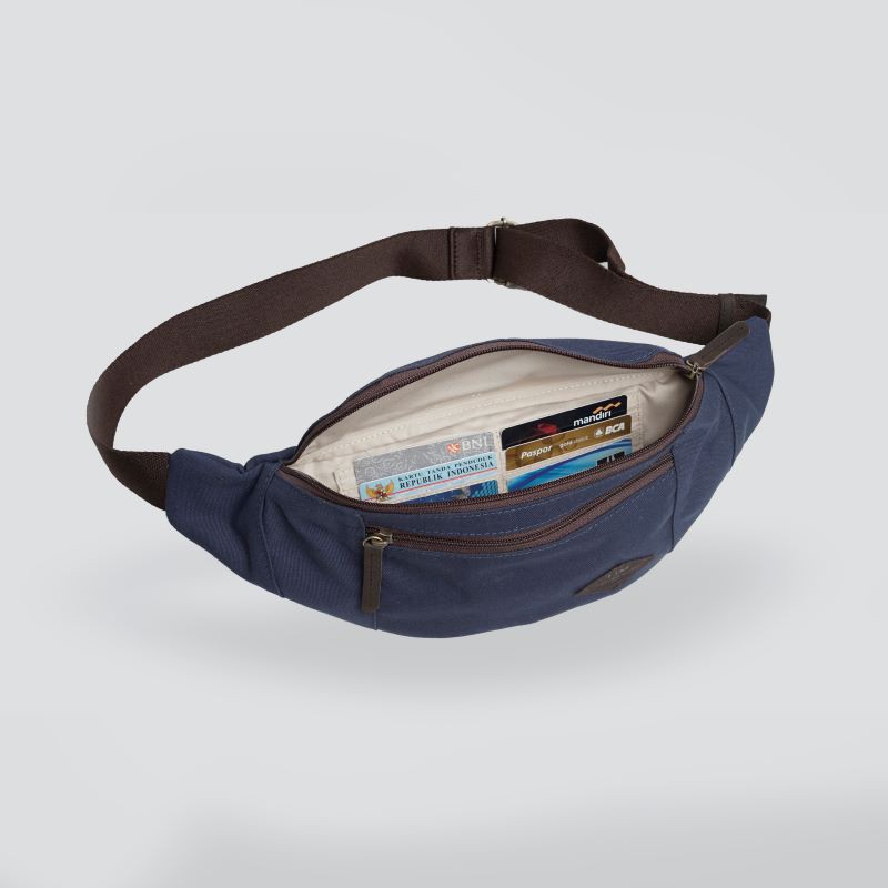 Tas Waistbag Selempang Pinggang IDAHO Biru Navy Kanvas TEBAL Water Repellent &amp; Kulit ASLI