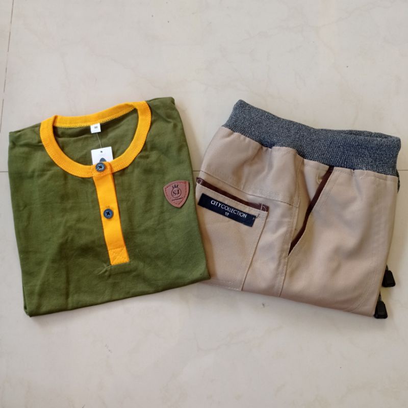 Setelan Anak Laki laki Polo Kancing Celana Pendek Chino Size M usia 5-6 tahun