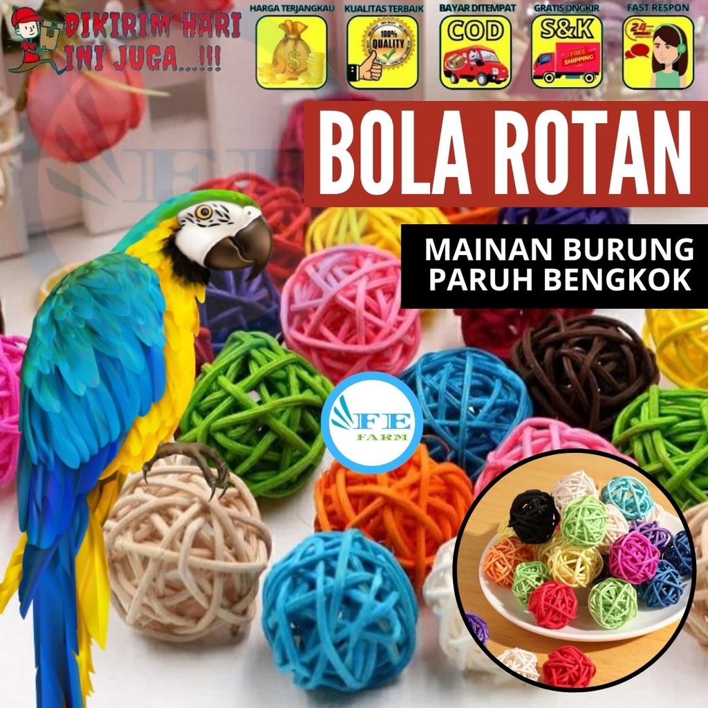 BOLA ROTAN 10PCS MAINAN BURUNG PARROT PAROT LOVEBIRD PARKIT PARUH BENGKOK AKSESORIS LAMPU TUMBLR HIAS BOLA FEFARM