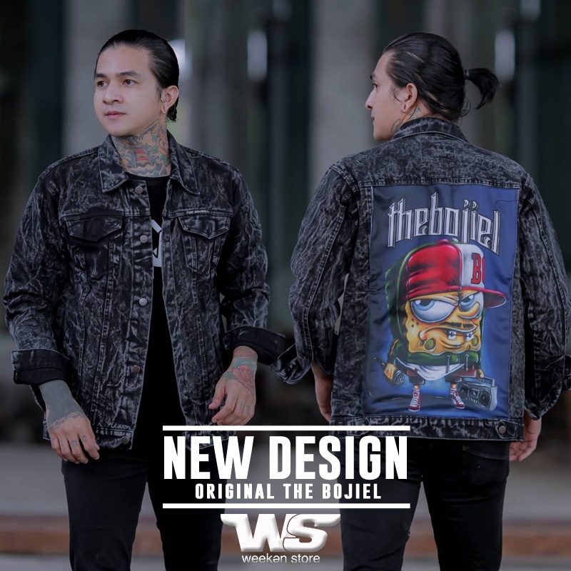 Jaket Jeans Pria Distro Premium THE BOJIEL M L XL Hitam Sandwash Printing Monster  Jaket Jins Denim 