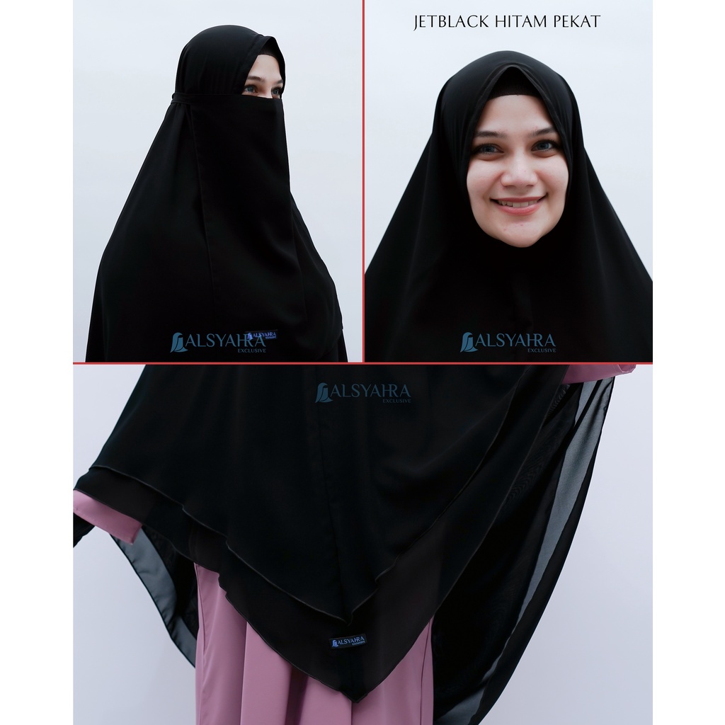 Set Khimar Syari Shofa 2 Layer sifon Jetblack Free Cadar Tali Alsyahra Exclusive
