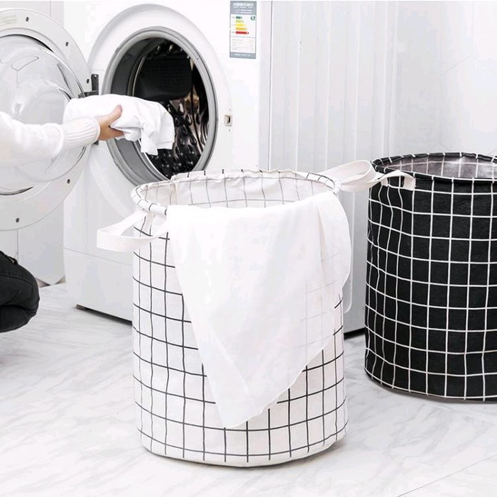 Keranjang Baju Laundry Bulat Basket Motif Storage Lipat Pakaian Kotor Katun Canvas Serbaguna Jumbo