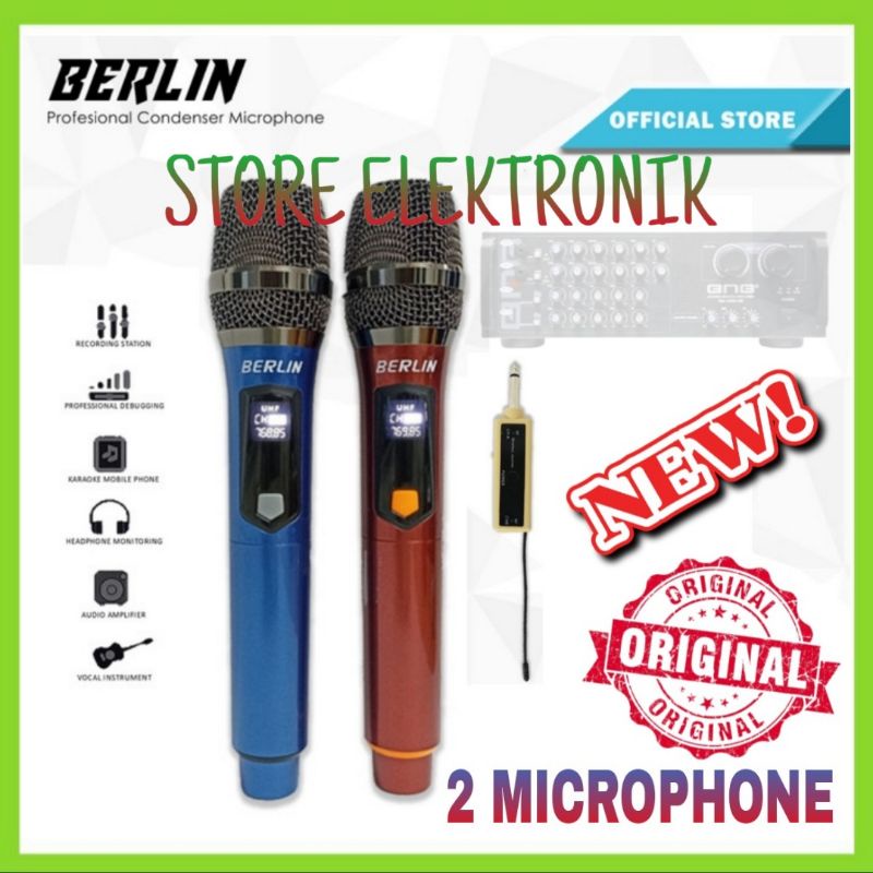 Microphone Wireless BERLIN 2 Mic UHF Wireless Jarak Jauh 2 Warna