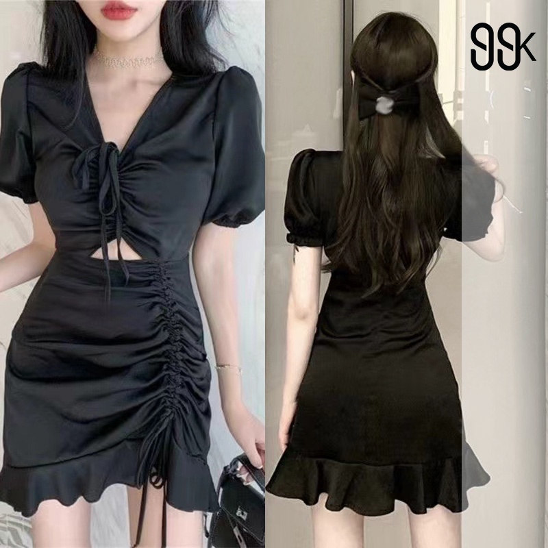 Korean Style Ruffle Mini Dress Serut Lengan Pendek 1143 (Size S/M/L)