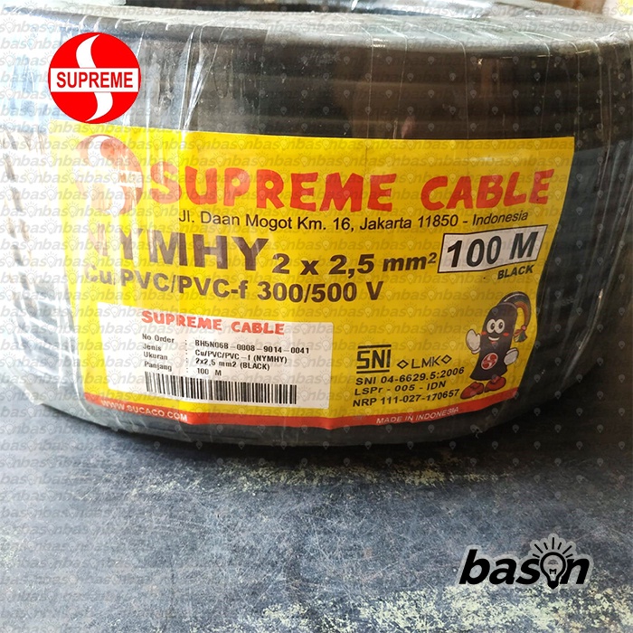 Supreme NYMHY Black 2x2.5 mm @100 Meter - Kabel Listrik NYYHY Hitam Serabut