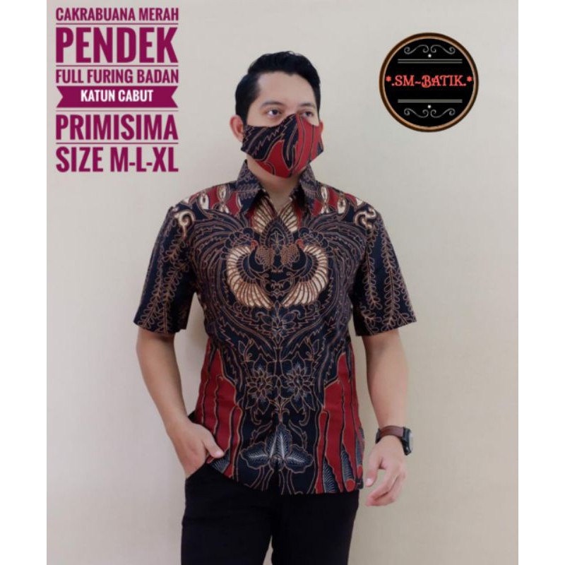 Hem Batik Pria Exclusive Batik Lengan Pendek Terbaru CAKRABUANA Pendek Batik Warna Merah Hitam