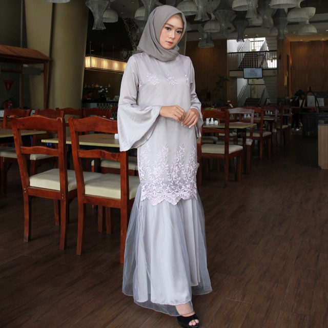 Loyal Dress Mermaid Hijab Tulle Bordir Gray Modern Wanita M L XL XXL