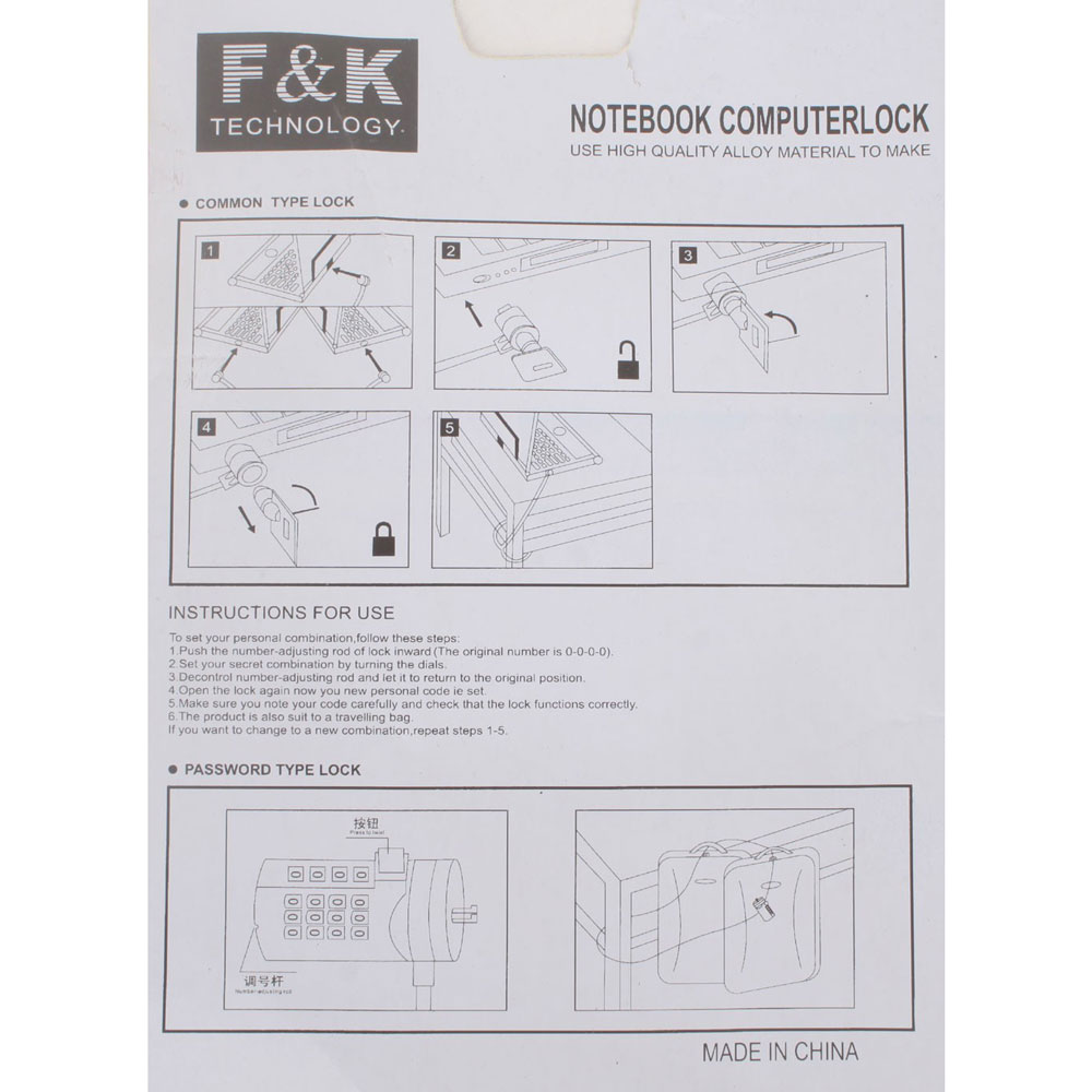 F&amp;K Kunci Pengaman Laptop Code Number Security Lock - 18458 - ABU