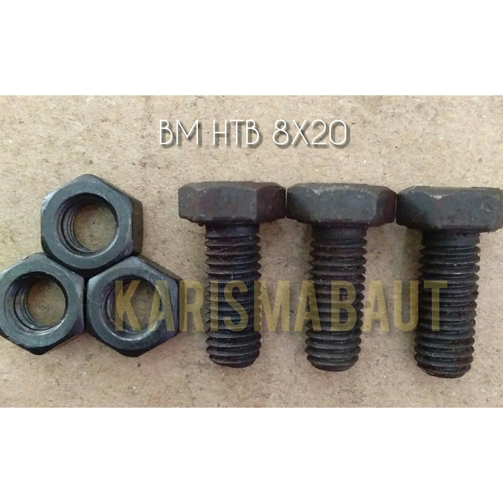 [1 set baut+mur] BM HTB 8 X 20 (Baut Mur Hitam Baja 8x20)