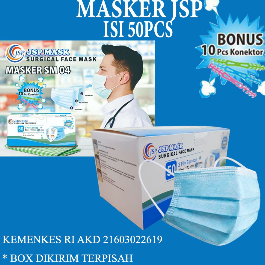 (JSP MASK) MASKER MEDIS SUDAH KEMENKES 3PLY ISI 50 PC FREE 10 CONNECTOR masker jsp SM04