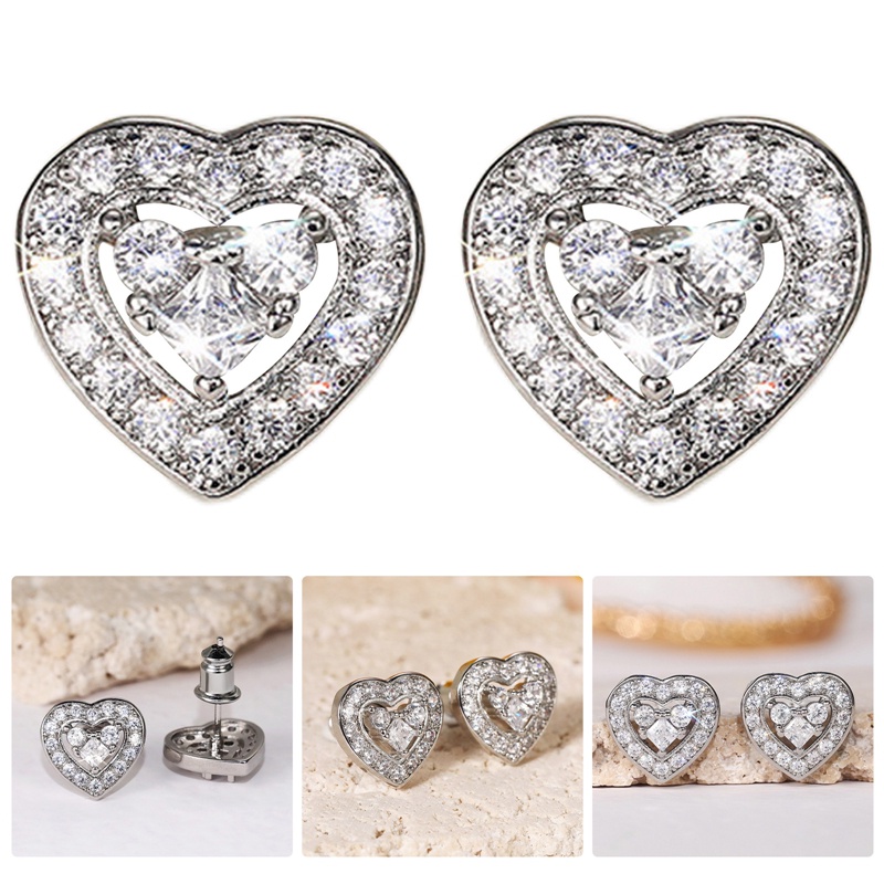 Anting Stud Tindik Bentuk Hati Kecil Bahan Cubic Zirconia Untuk Wanita