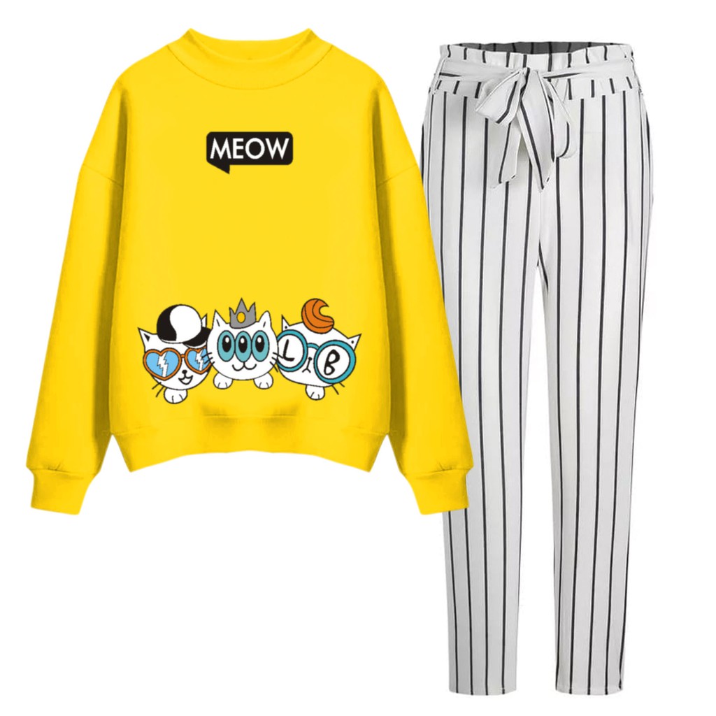 BESS - Baju Setelan Wanita Murah / Setelan Sweater + Celana Salur - MEOW