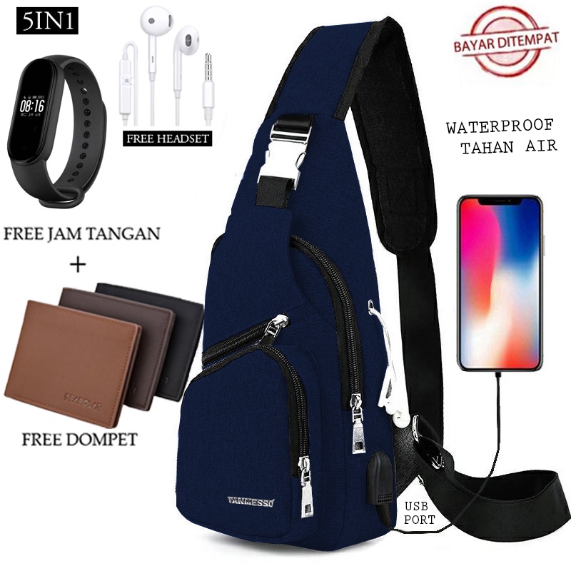 TANMESSO 5IN1 BAYAR DITEMPAT-BONUS JAM LED,DOMPET &amp; USBPORT&amp;HEADSET-tas selempang waterproof