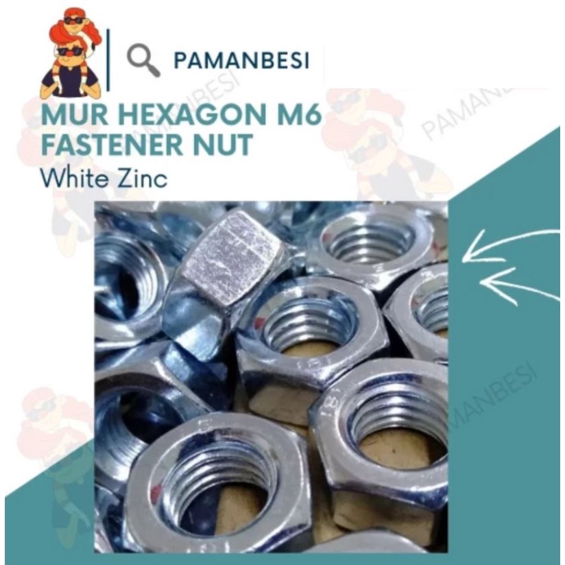 

Mur Hexagon M6 Fastener Nut White Zinc Warna putih / silver