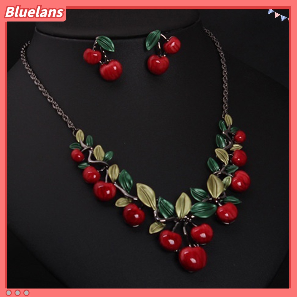 Bluelans 1 Set Vintage Red Cherry Fruit Jewelry Set Chic Bridal Necklace Earrings