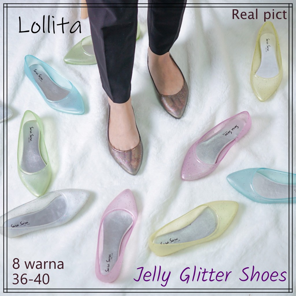 Sara Sara LOLITA jelly shoes sepatu jelly wanita  glitter transparan sepatu flat lancip casual