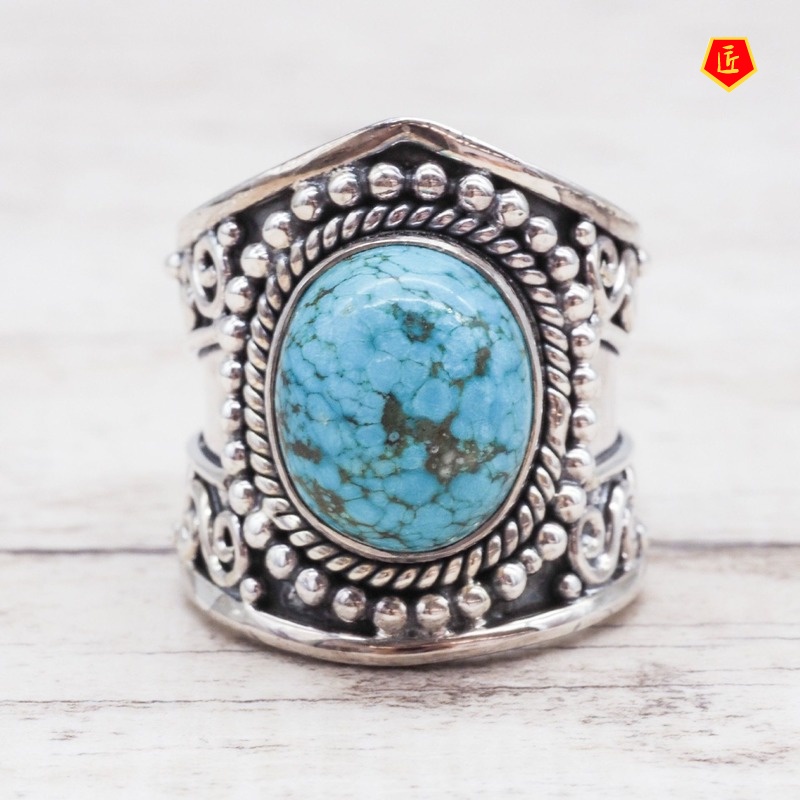 [Ready Stock]Retro Moonstone Silver Ring Women's Black Agate Turquoise