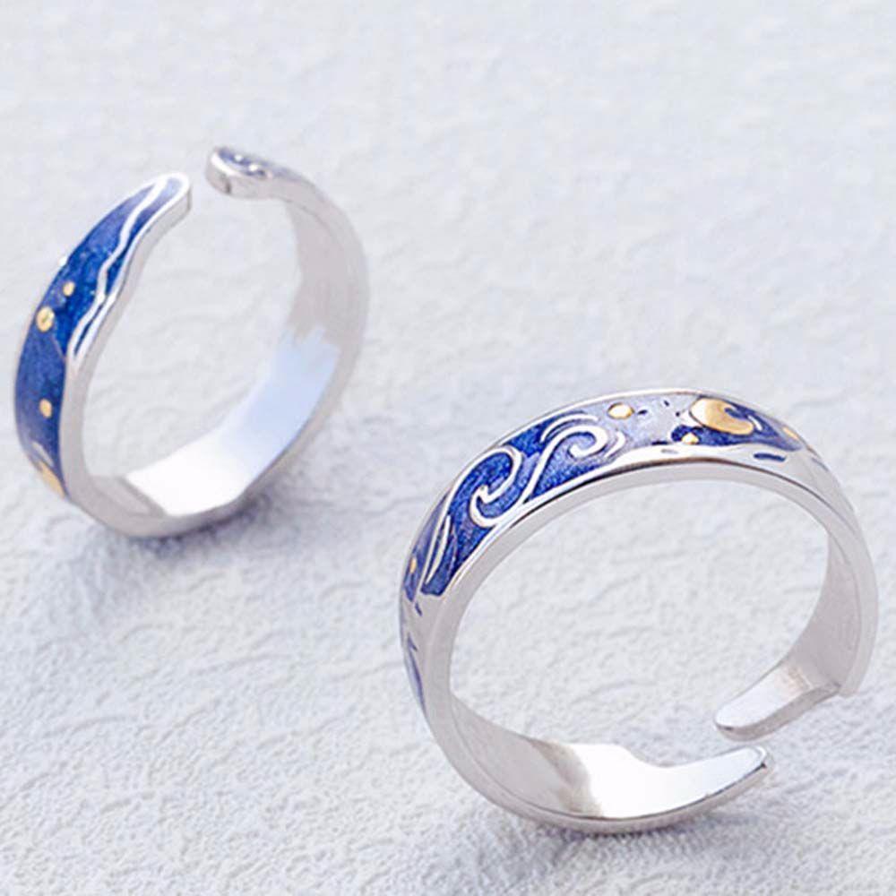 Needway  Romantic Open Rings Vintage Moon Starry Night Couple Rings Matching Lovers Van Gogh Starry Sky Men Silver Color Adjustable Fashion Jewelry