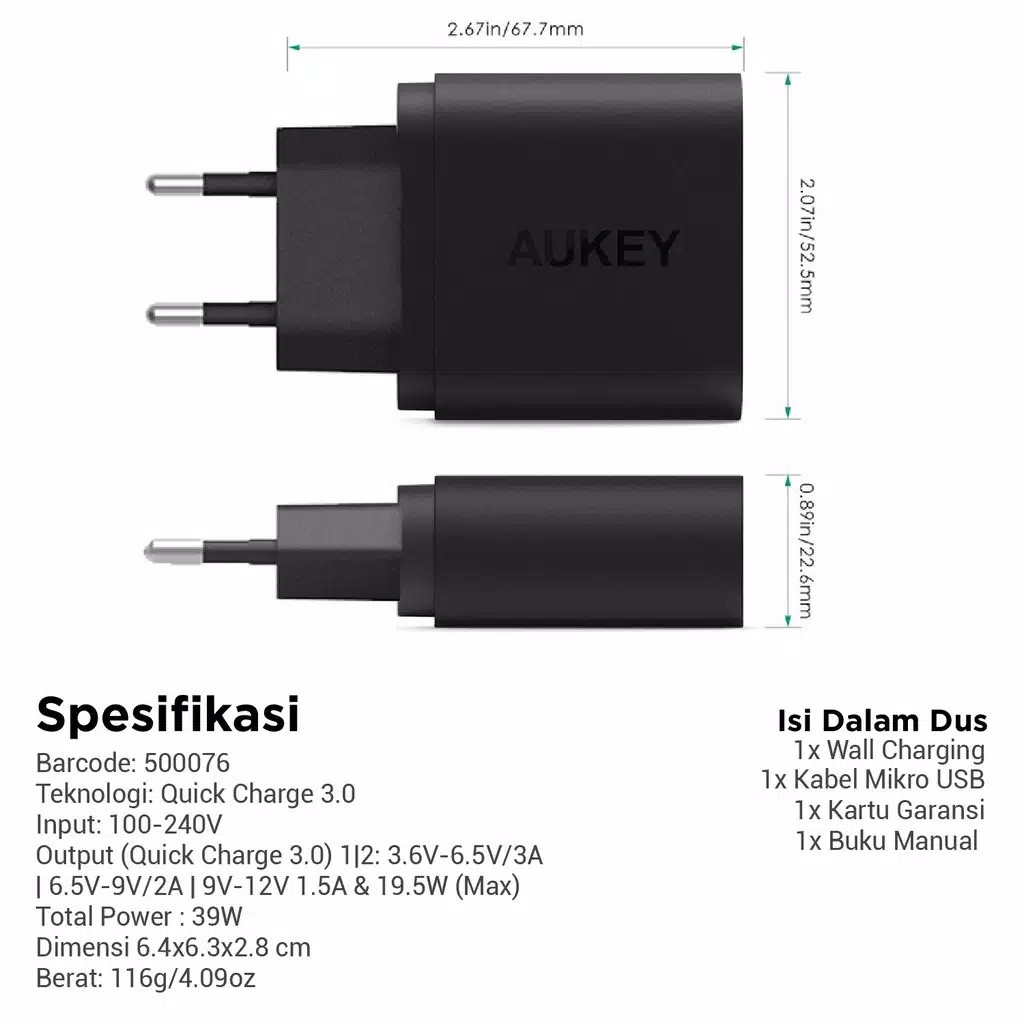 Aukey Charger PA-T16 2 Ports 36W QC 3.0 Original Garansi Resmi Aukey