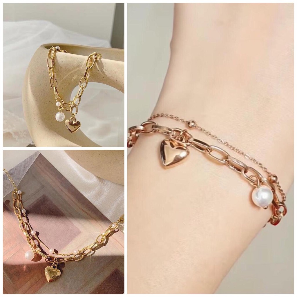 Gelang titanium mutiara love 2 layer anti karat / gelang tangan love import / COD