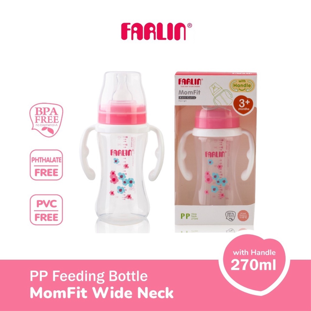 [PROMO] Farlin MomFit PP Wide Neck Feeding Bottle with Handle Pink Botol Susu 3+Bulan 270 ml