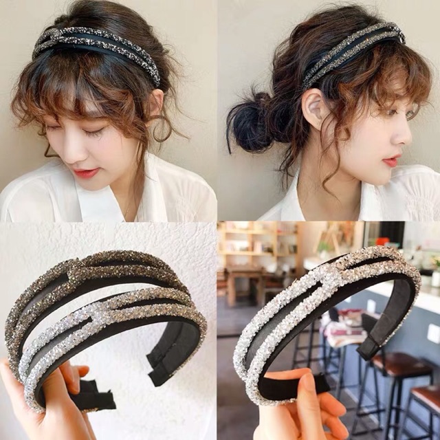 Bando-118 Lebar Model Simpul 2 Warna Aksen Berlian Imitasi untuk Wanita