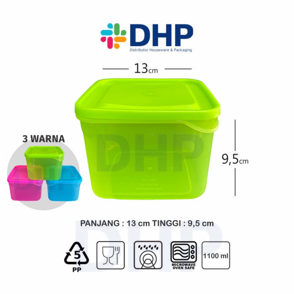 Toples Kotak 1100ml (13x13 h:9.5) Warna Plastik Wadah Serbaguna Penyimpanan Makanan