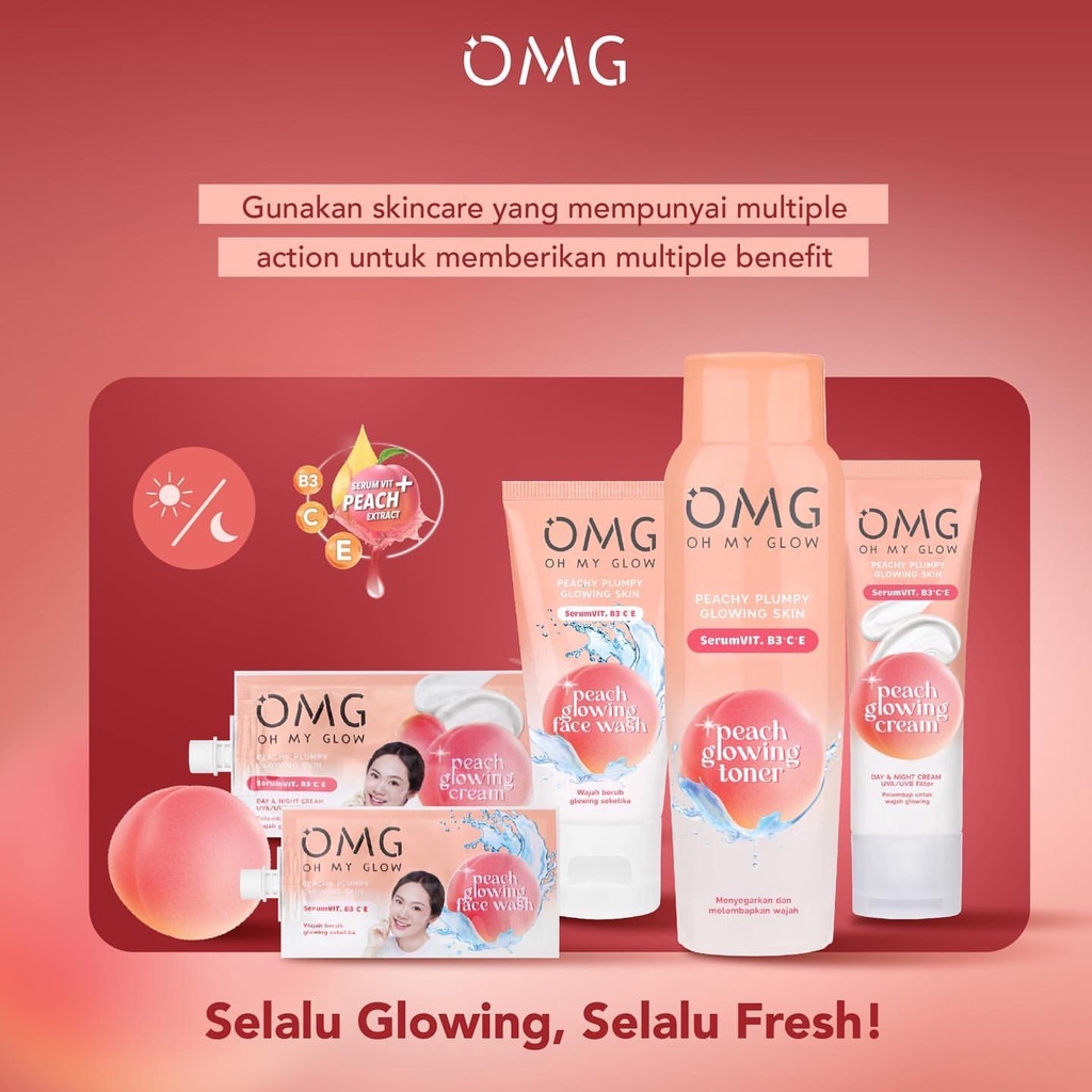 OMG Oh My Glow Peach Glowing Face Wash Indonesia / Pembersih Wajah 50gr / Skincare Face Care / Facial Cleanser Essence Toner Serum Day Night Eye Cream Moisturizer Sunscreen Mask / Body Lotion / Make Up Glam Foundation Lip Cream / Brightening Acne Paket