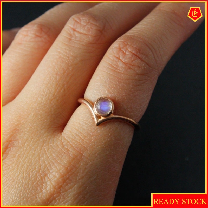 [Ready Stock]Creative round Moonstone Geometric Triangle Ring 14K Gold Personality