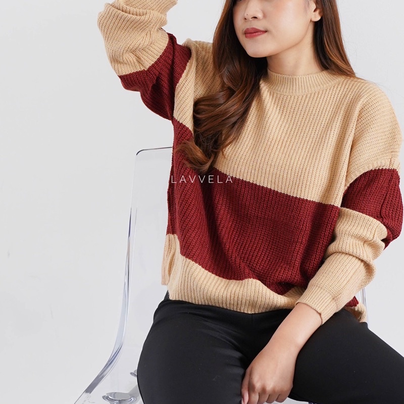 LAVVELA JANE KNIT SWEATER RAJUT IMPORT GARIS STRIPE KOREAN SWEATWEAR