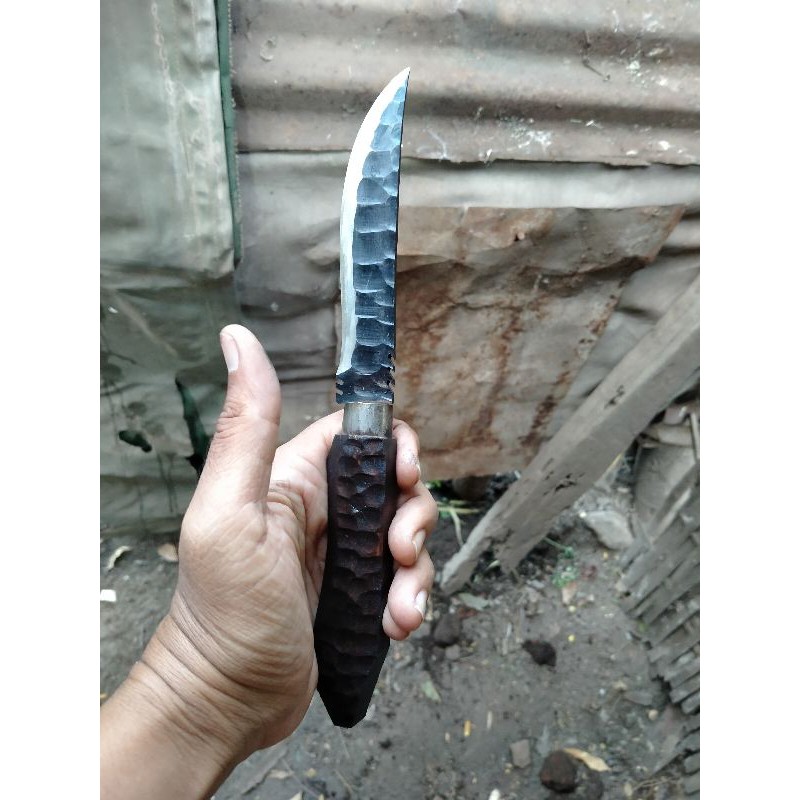 pisau baja putih model damaskus bonus sarung kulit asli