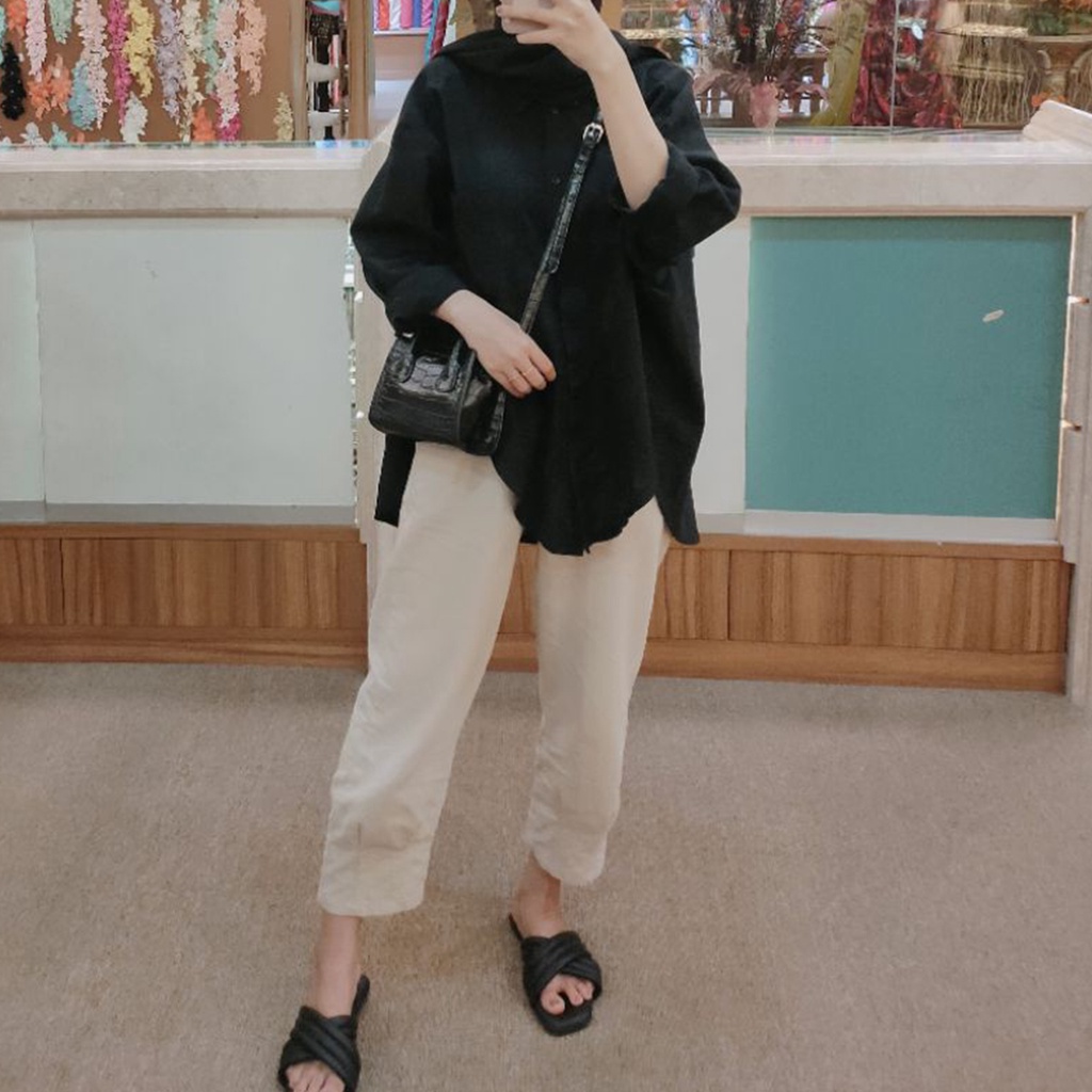 Kemeja linen Wanita Oversize Lengan Panjang Polos Kameja Shirt Basic Linen Oversized Murah Katun Atasan Bahan Korean Blouse Hitam Putih Kekinian Baju Korea Hijaber