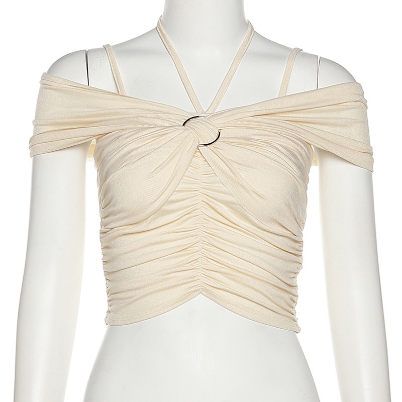 #Sisjuly# Wanita Musim Panas Baru Pakaian Wanita Warna Solid Slim Fit Dipotong Pusar Fashion Halter