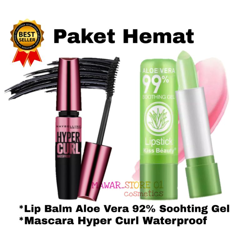 Paket Hemat 2 in 1 Lip Balm Aloe Vera 92% Soohting Gel + Mascara  Hypercurl