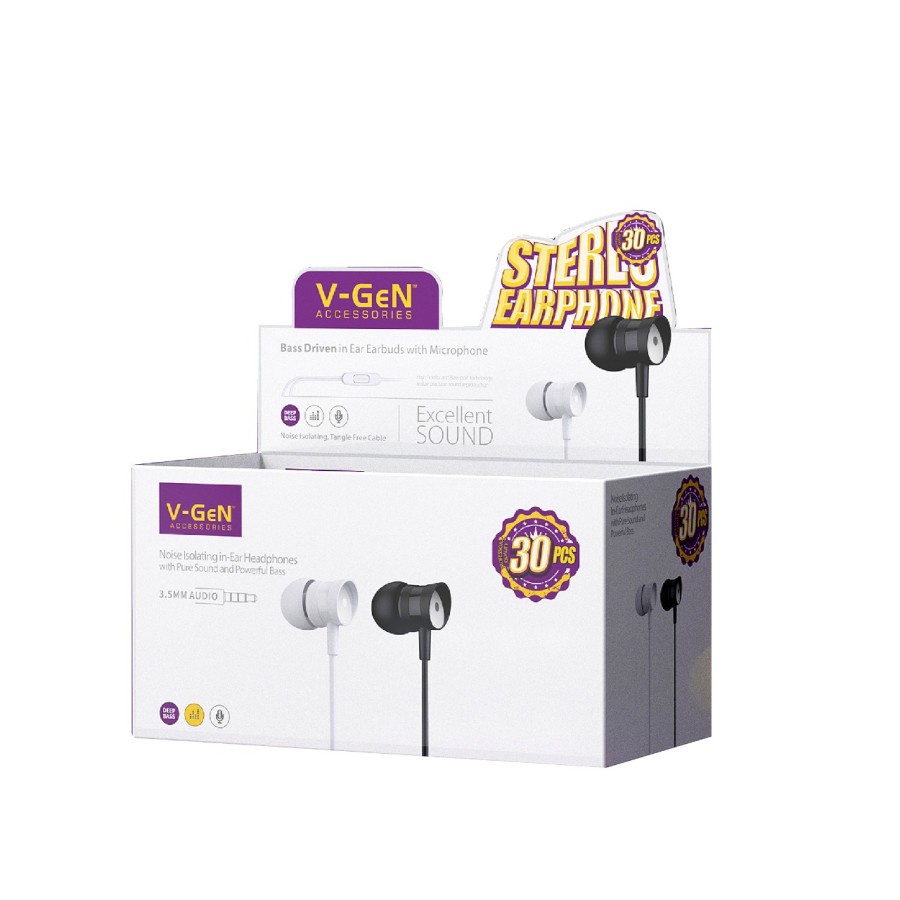 Earphone V-GeN VEP1-30 Wired Headset Handsfree Stereo Bass 1Box 30pcs