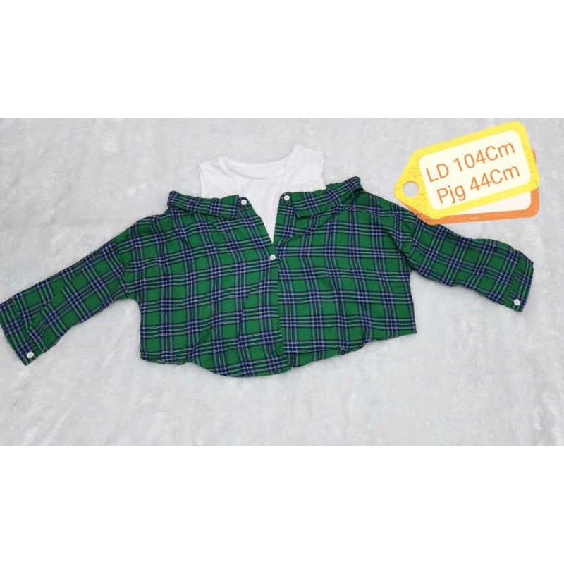 kemeja crop kotak plus kerah nempel