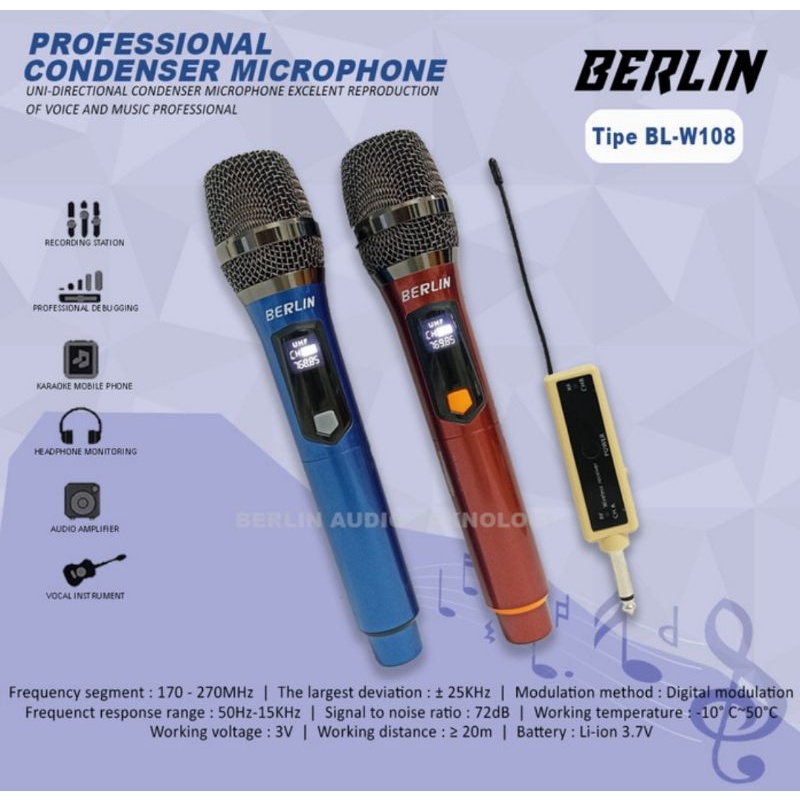 Microphone Wireless BERLIN 2 Mic UHF Wireless Jarak Jauh 2 Warna