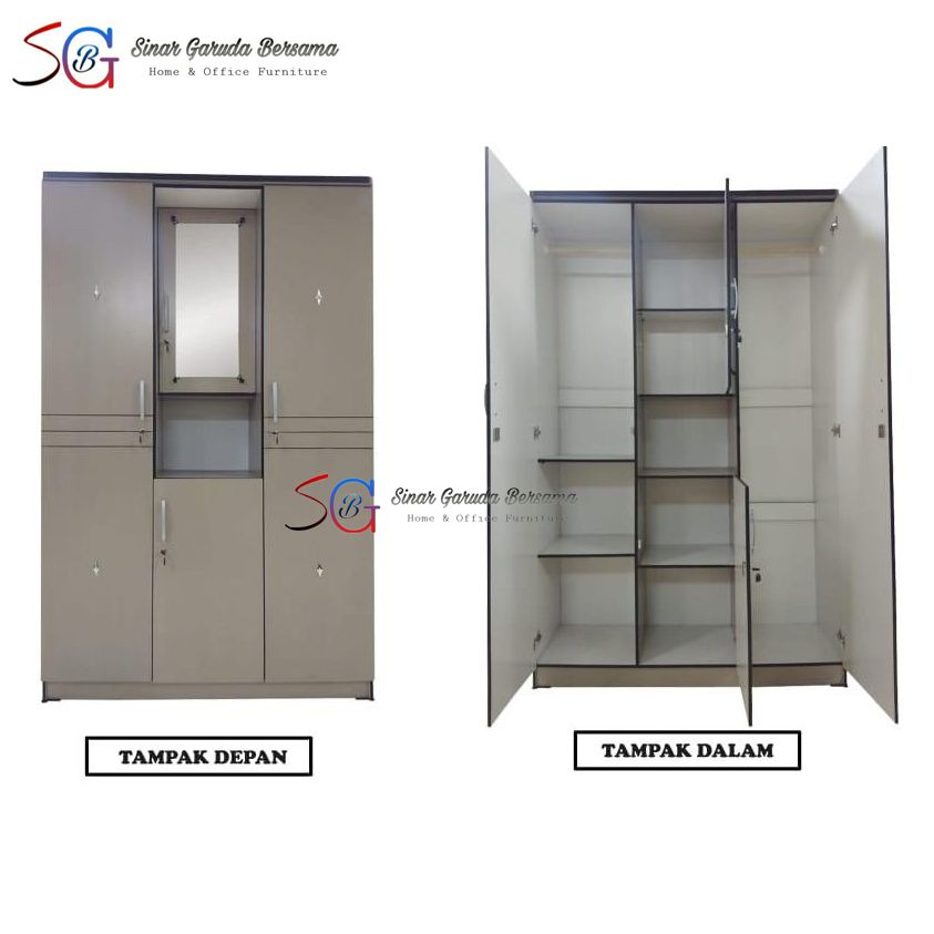 LEMARI PAKAIAN 3 PINTU / 2 PINTU KACA TUALET / LEMARI BAJU WARNA COKELAT + KACA RIAS