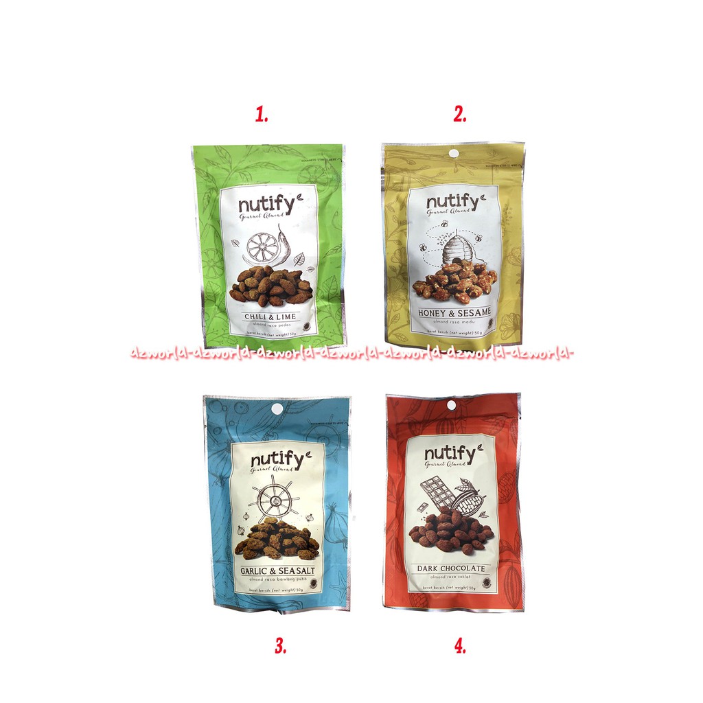 

Nutify Kacang Almond Rasa Coklat 50gr Chilli Honey & Sesame Garlic & Sea salt Cemilan Kacang Sehat