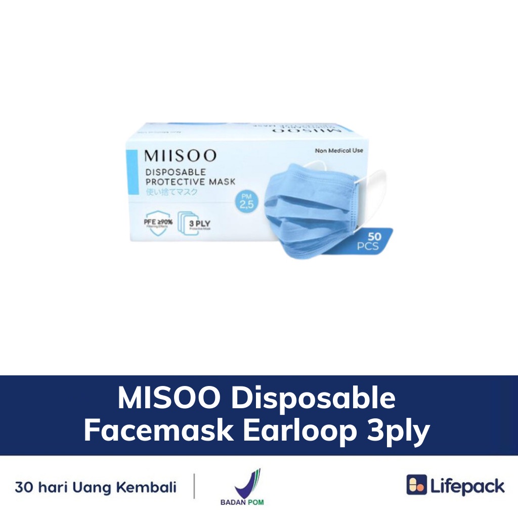 MISOO Disposable Facemask Earloop 3ply - 50 Pcs - Masker Kesehatan - LIFEPACK