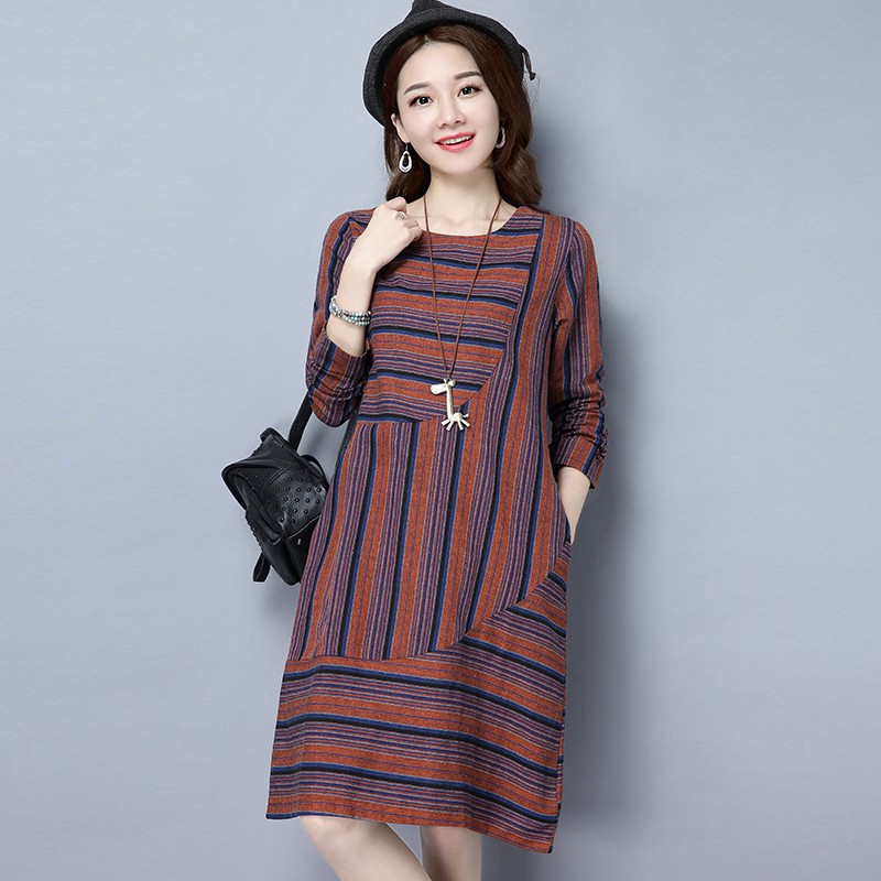 Dress Midi Model Longgar Lengan Panjang Gaya Korea Casual Bahan Katun Linen untuk Wanita