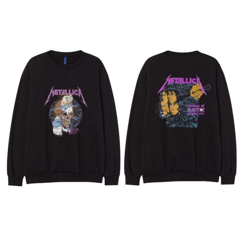 Crewneck h&m Sweater hnm Metallica hammer of justice black printed Pria Wanita