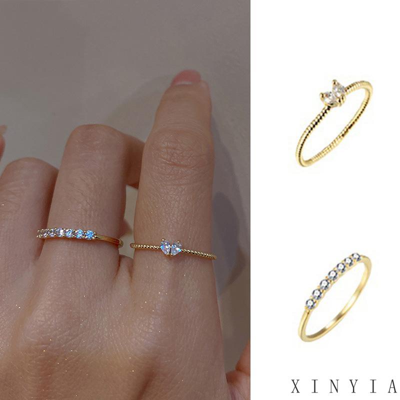 Cincin Zirkon Sederhana Set Untuk Wanita Hati Cincin Emas Aksesoris Fashion Perhiasan