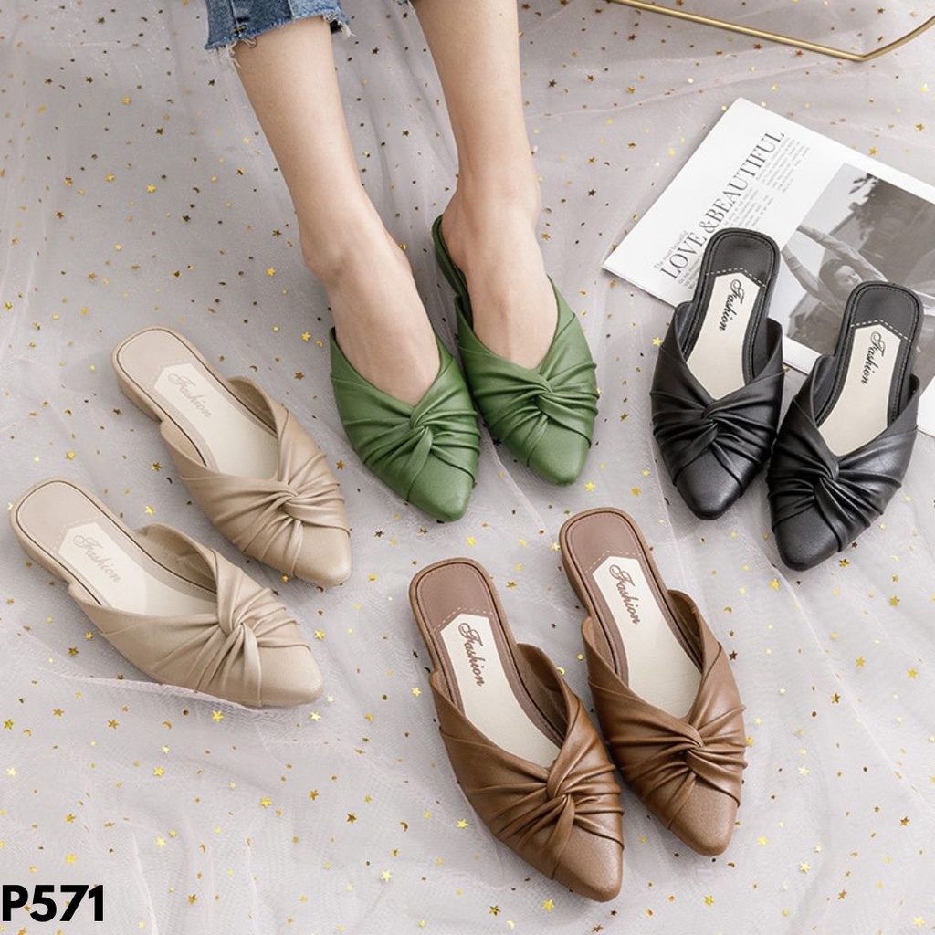 SANDAL FLAT MULES SELOP WANITA IMPORT KULIT CANTIK NYAMAN ELEGAN KASUAL FORMAL NONFORMAL MANIS P571