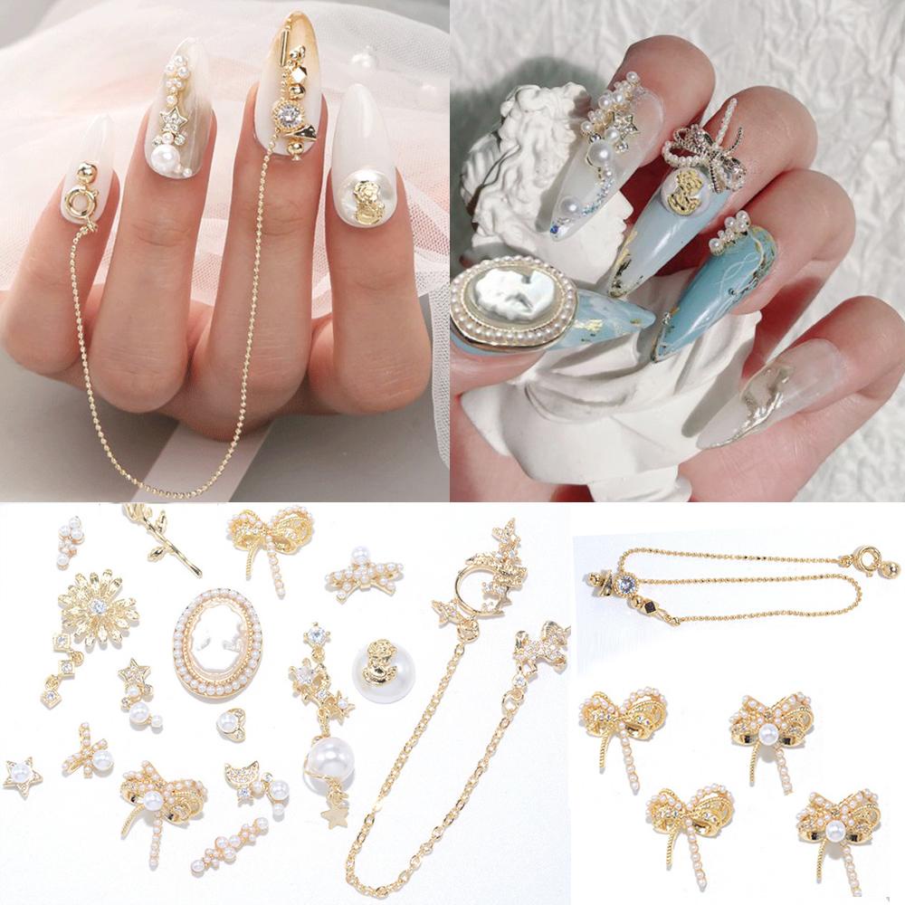 AUGUSTINA Augustina Nail Art Zircon Wanita Terbaru Mutiara 3D Alloy Butterfly Ring Liontin Rantai DIY Dekorasi Nail Art