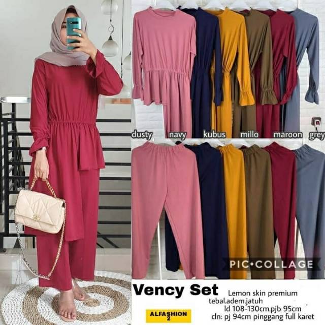 Vency Set, set, SETELAN TUNIK WANITA MUSLIM CANTIK POLOS BAHAN LEMON SKIN PREMIUM TERMURAH JUMBO OOTD