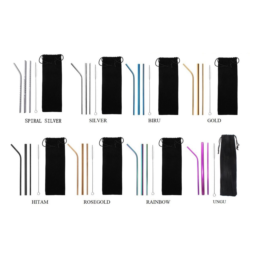 Sedotan Minuman Stainless Steel 5Pcs/Set Straw Stainless Steel Reusable 5In1 Murah Import